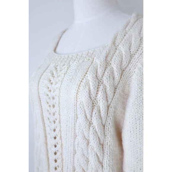 Handmade Cottagecore Short Sleeve Sweater Top Square Neck Cream Cable Knit - Picture 6 of 12